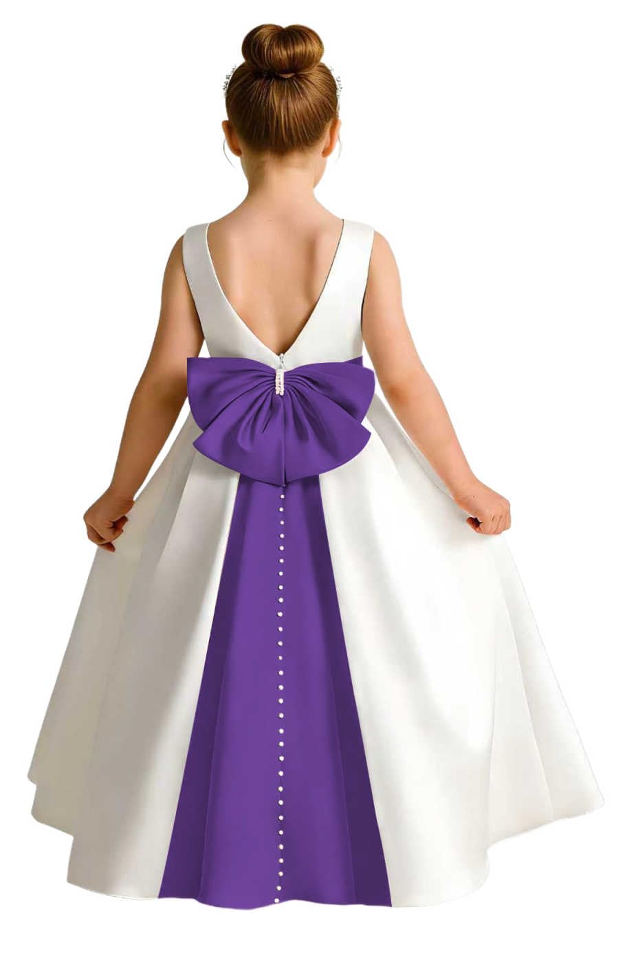 Sleeveless Satin Flower Girl Dress, A-Line Floor Length Gown with Big Bow & Pearl Back, Kids Wedding First Communion Dress