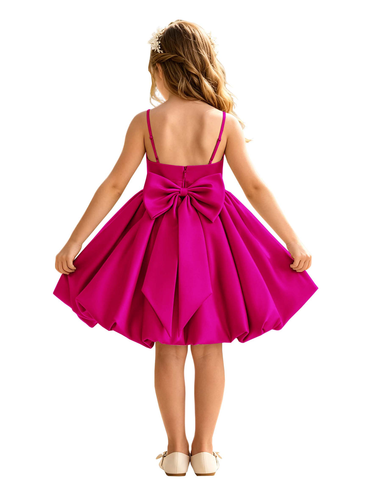 Sage Green Spaghetti Strap Flower Girl Dress, Heavy Satin Bubble Midi Skirt with Big Bow Back, Kids Formal Wedding Party Gown