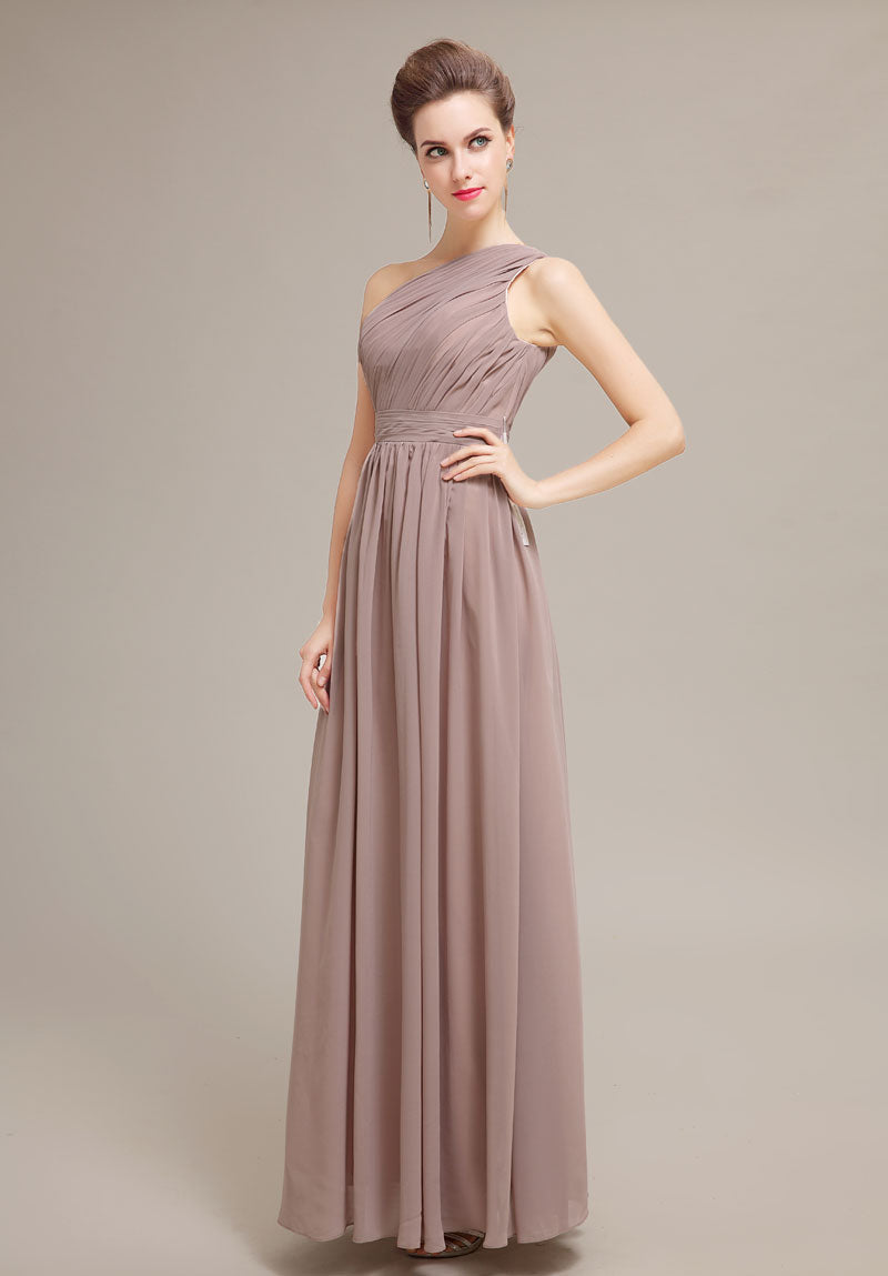 Elegant One-Shoulder Taupe Chiffon Floor-Length Prom Dresses