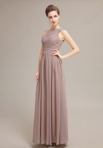 Elegant One-Shoulder Taupe Chiffon Floor-Length Prom Dresses