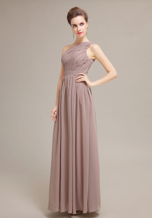 Elegant One-Shoulder Taupe Chiffon Floor-Length Prom Dresses