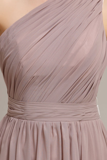Elegant One-Shoulder Taupe Chiffon Floor-Length Prom Dresses