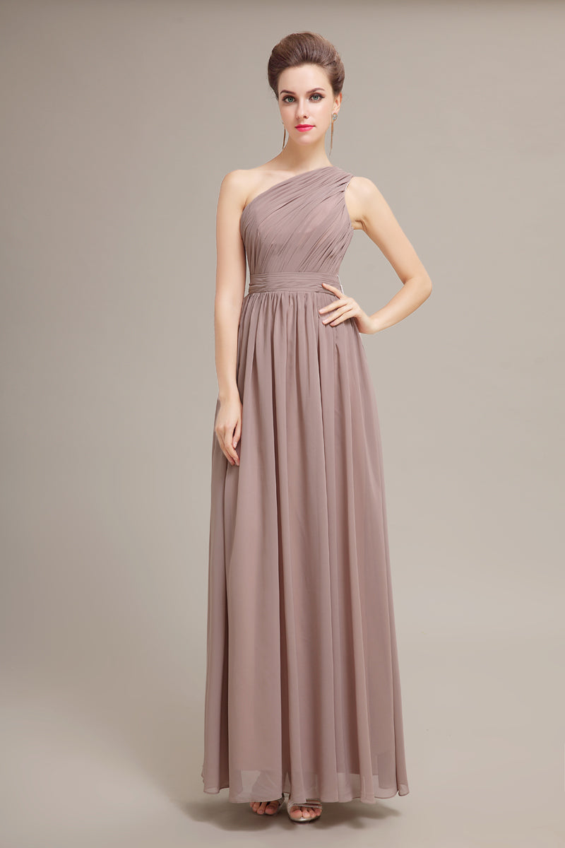 Elegant One-Shoulder Taupe Chiffon Floor-Length Prom Dresses