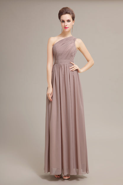 Elegant One-Shoulder Taupe Chiffon Floor-Length Prom Dresses