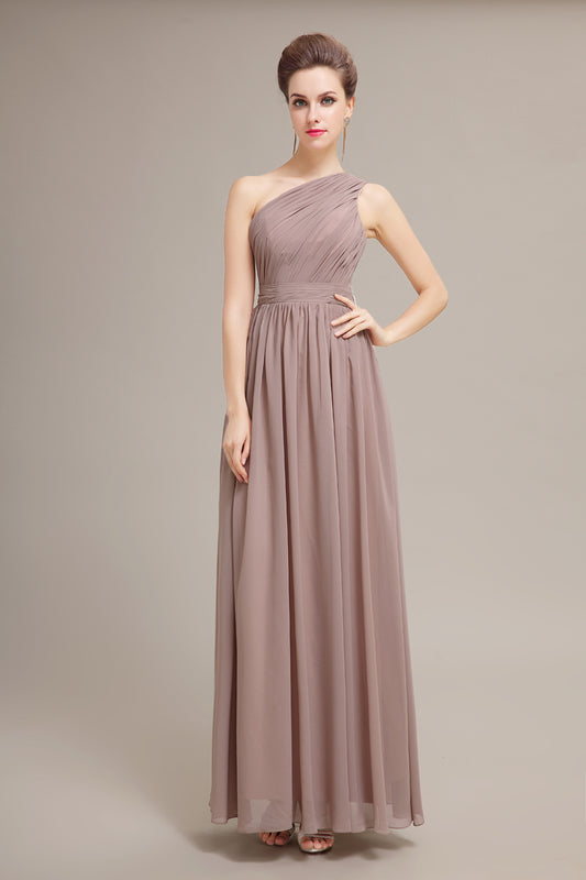 Elegant One-Shoulder Taupe Chiffon Floor-Length Prom Dresses