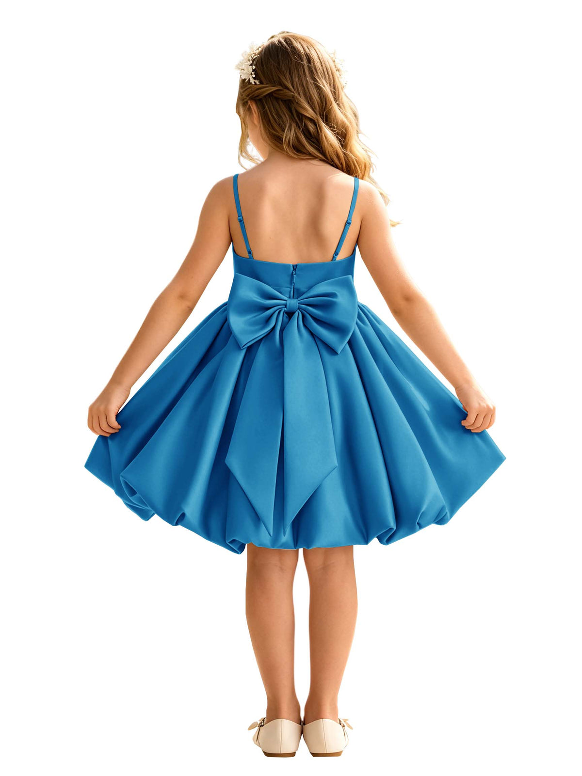 Sage Green Spaghetti Strap Flower Girl Dress, Heavy Satin Bubble Midi Skirt with Big Bow Back, Kids Formal Wedding Party Gown