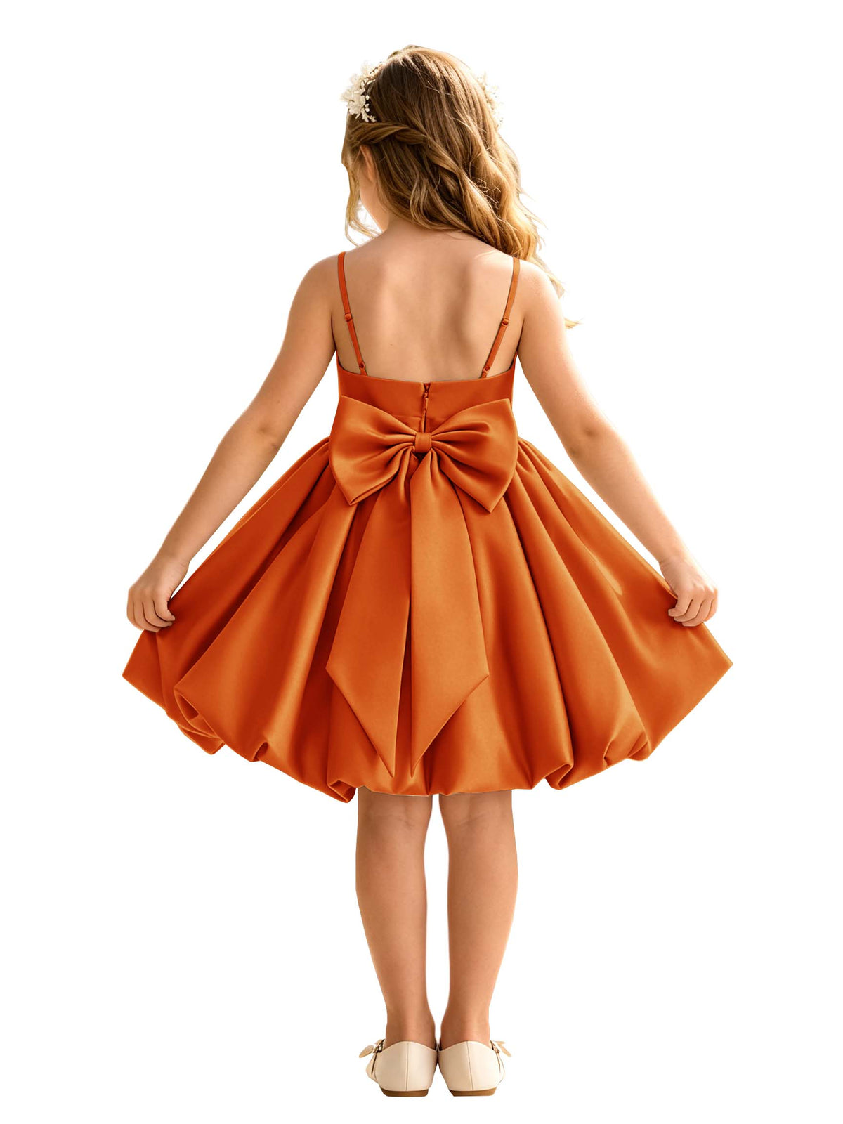 Sage Green Spaghetti Strap Flower Girl Dress, Heavy Satin Bubble Midi Skirt with Big Bow Back, Kids Formal Wedding Party Gown