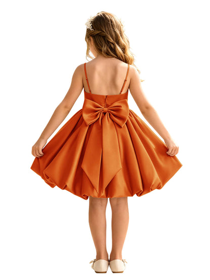 Sage Green Spaghetti Strap Flower Girl Dress, Heavy Satin Bubble Midi Skirt with Big Bow Back, Kids Formal Wedding Party Gown