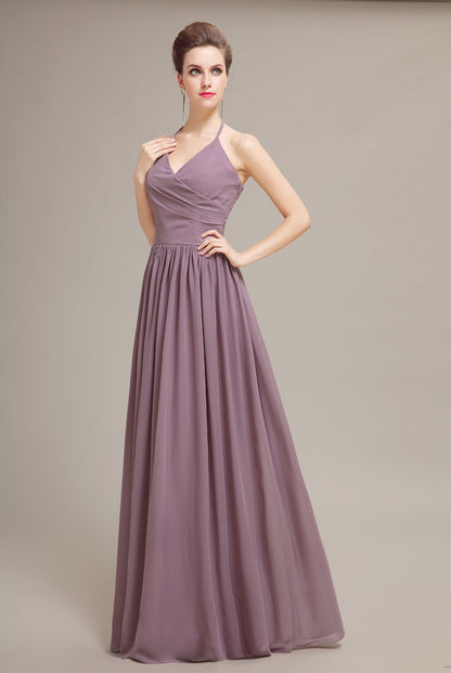 Elegant Mauve Halter Neck Chiffon Sleeveless Backless Floor-Length Bridesmaid Dresses