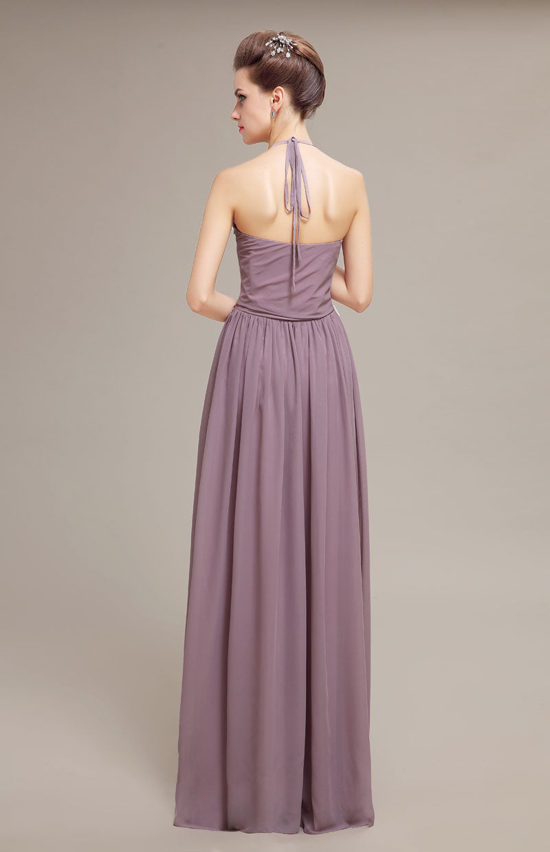Elegant Mauve Halter Neck Chiffon Sleeveless Backless Floor-Length Bridesmaid Dresses