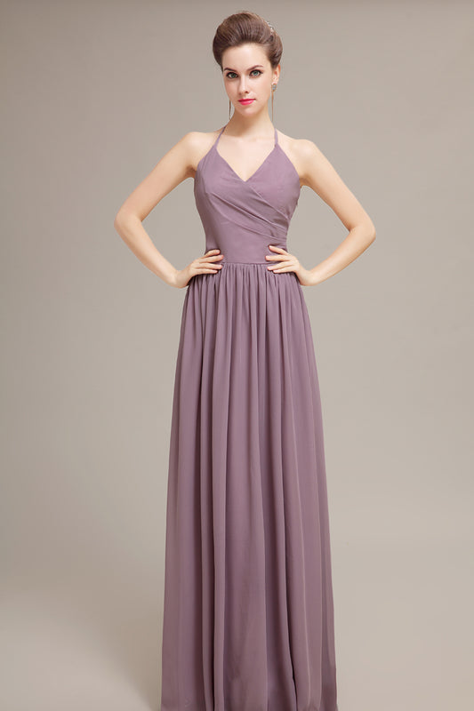 Elegant Mauve Halter Neck Chiffon Sleeveless Backless Floor-Length Bridesmaid Dresses