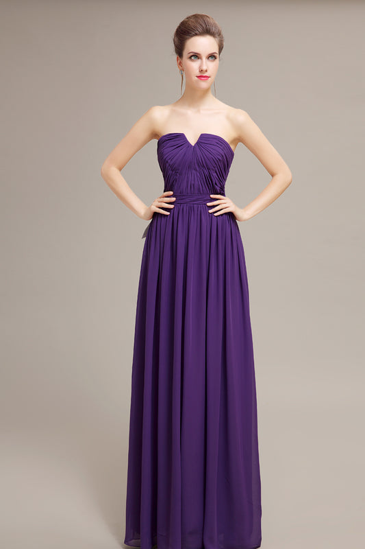 Chiffon Royal Purple Floor-Length Strapless Bridemaid Dresses