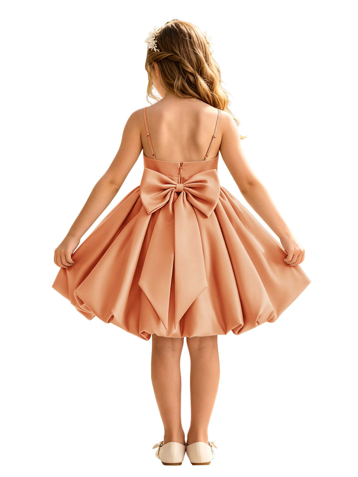 Sage Green Spaghetti Strap Flower Girl Dress, Heavy Satin Bubble Midi Skirt with Big Bow Back, Kids Formal Wedding Party Gown