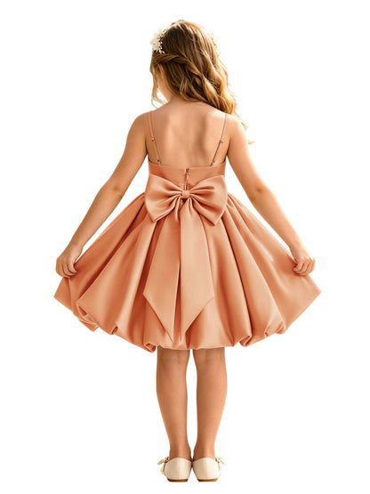 Sage Green Spaghetti Strap Flower Girl Dress, Heavy Satin Bubble Midi Skirt with Big Bow Back, Kids Formal Wedding Party Gown