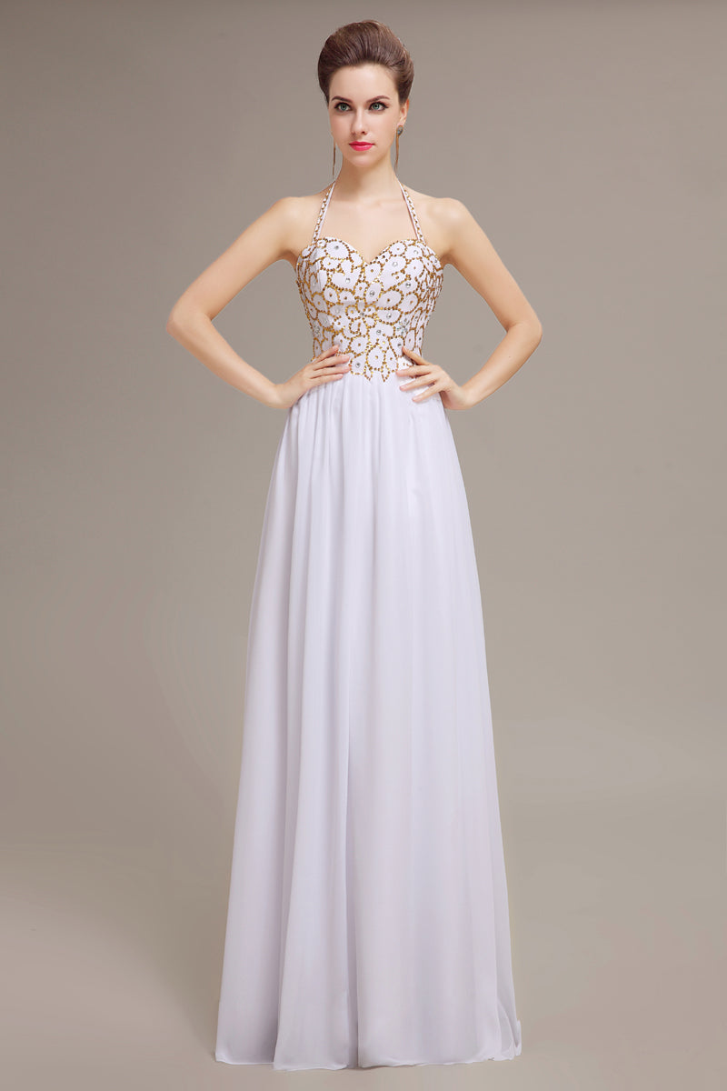 Elegant Halter Neck White Chiffon A-Line Prom Dress with Gold Embroidered Sequined Bodice