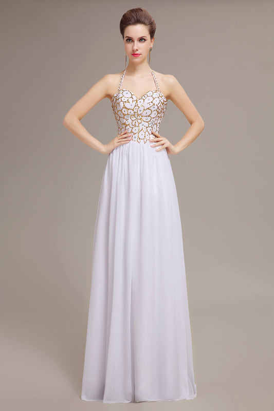 Elegant Halter Neck White Chiffon A-Line Prom Dress with Gold Embroidered Sequined Bodice