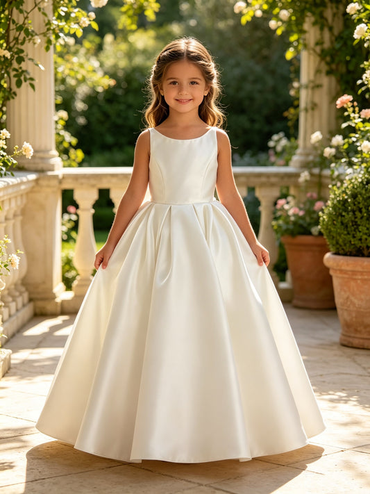 Sleeveless Heavy Satin Flower Girl Dress, Princess Seam A-Line Floor Length Gown with Big Bow Back, Kids Wedding First Communion Dress