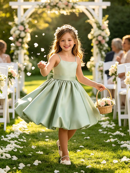Sage Green Spaghetti Strap Flower Girl Dress, Heavy Satin Bubble Midi Skirt with Big Bow Back, Kids Formal Wedding Party Gown
