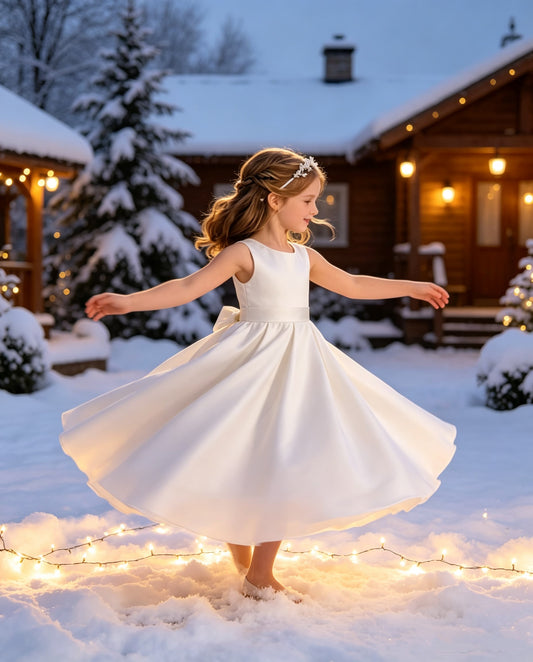 Sleeveless Satin Flower Girl Dress, A-Line Floor Length Gown with Big Bow & Pearl Back, Kids Wedding First Communion Dress