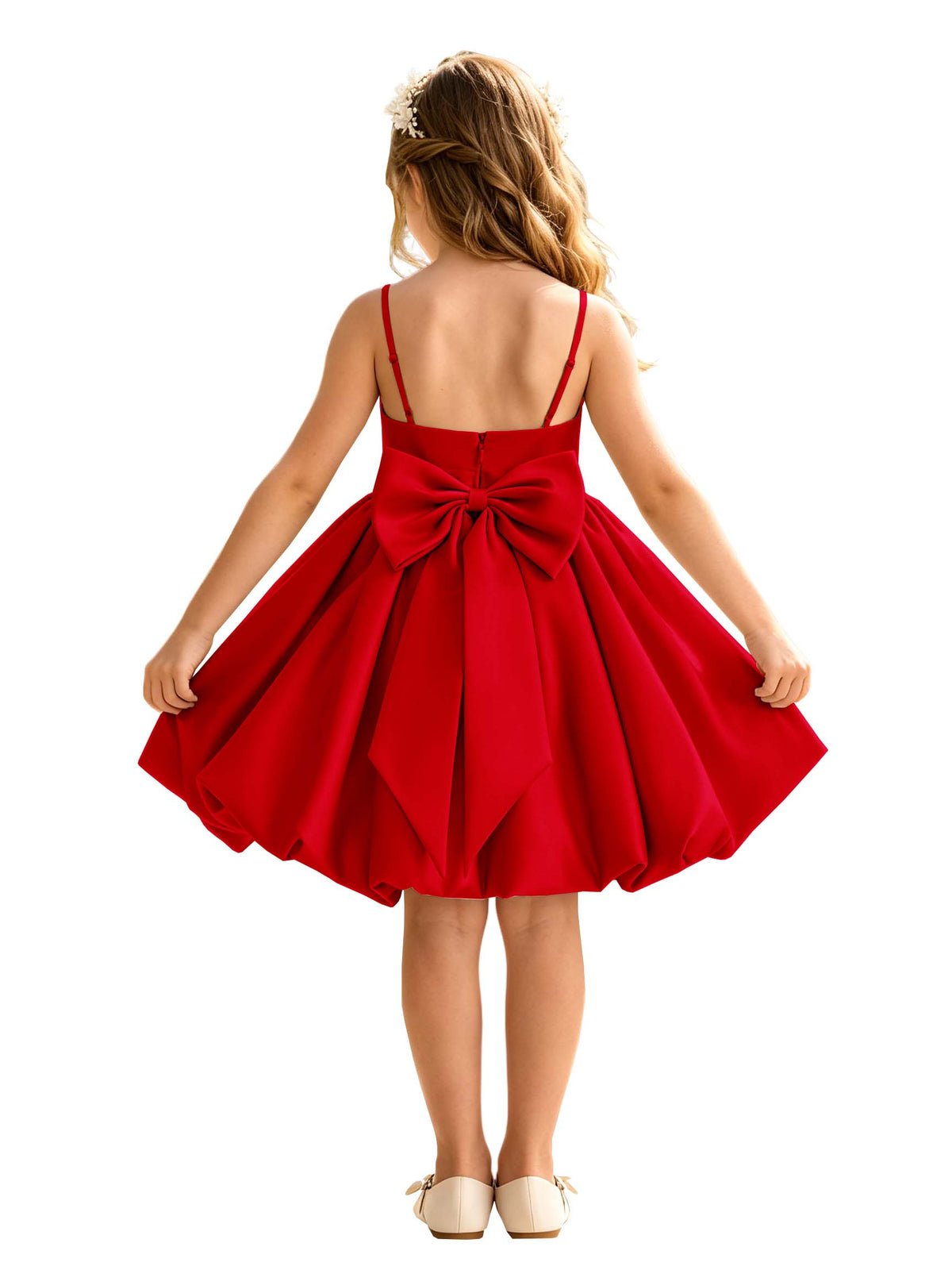 Sage Green Spaghetti Strap Flower Girl Dress, Heavy Satin Bubble Midi Skirt with Big Bow Back, Kids Formal Wedding Party Gown