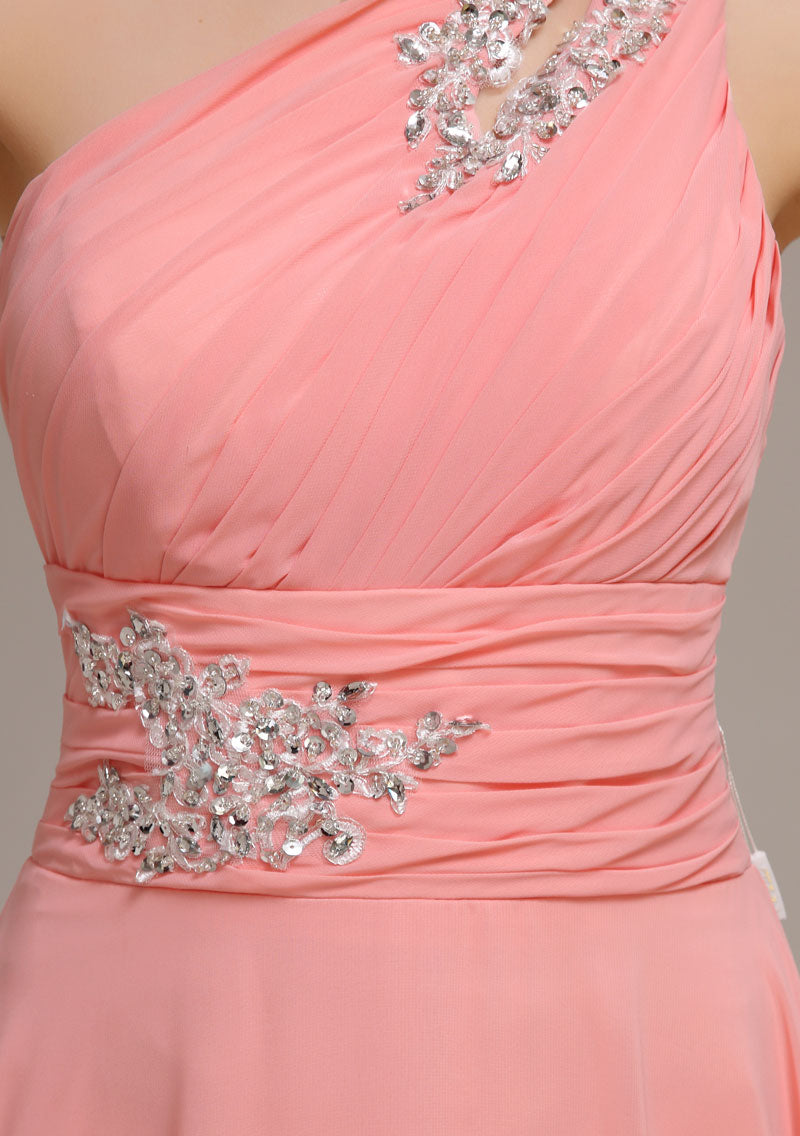 Elegant One-Shoulder Pink Chiffon Prom Dress with Beaded Appliques