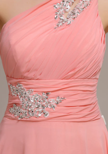 Elegant One-Shoulder Pink Chiffon Prom Dress with Beaded Appliques