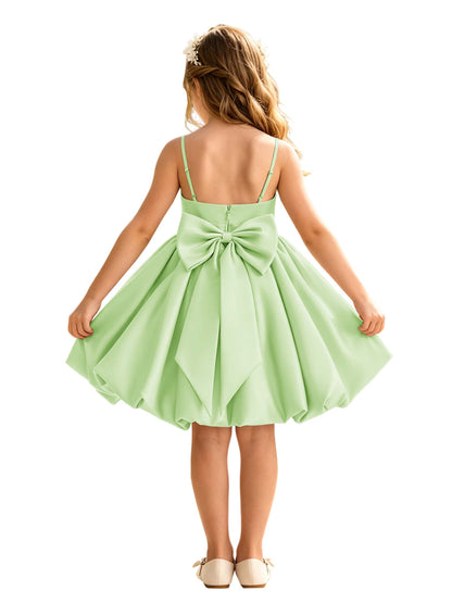 Sage Green Spaghetti Strap Flower Girl Dress, Heavy Satin Bubble Midi Skirt with Big Bow Back, Kids Formal Wedding Party Gown