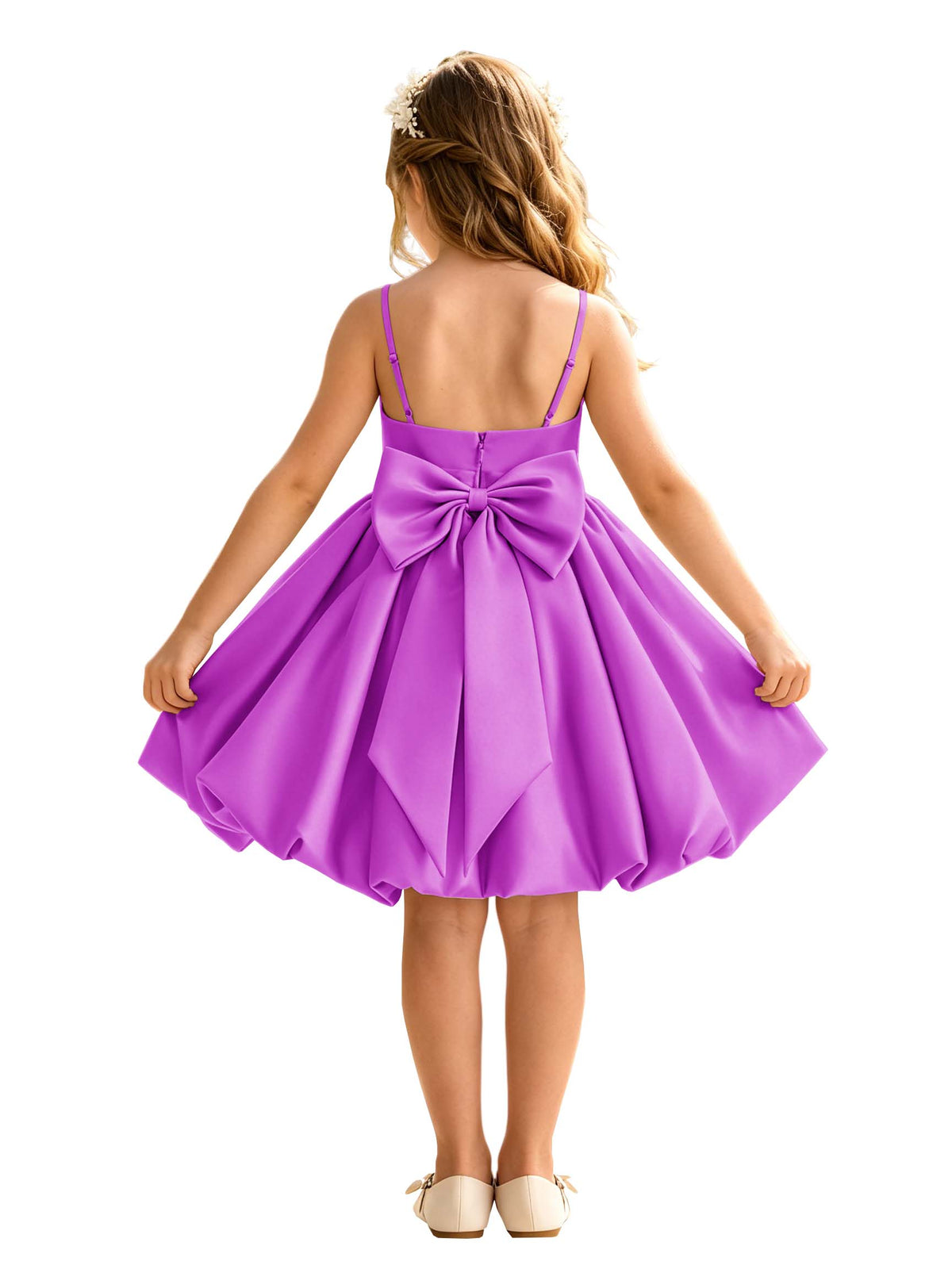 Sage Green Spaghetti Strap Flower Girl Dress, Heavy Satin Bubble Midi Skirt with Big Bow Back, Kids Formal Wedding Party Gown