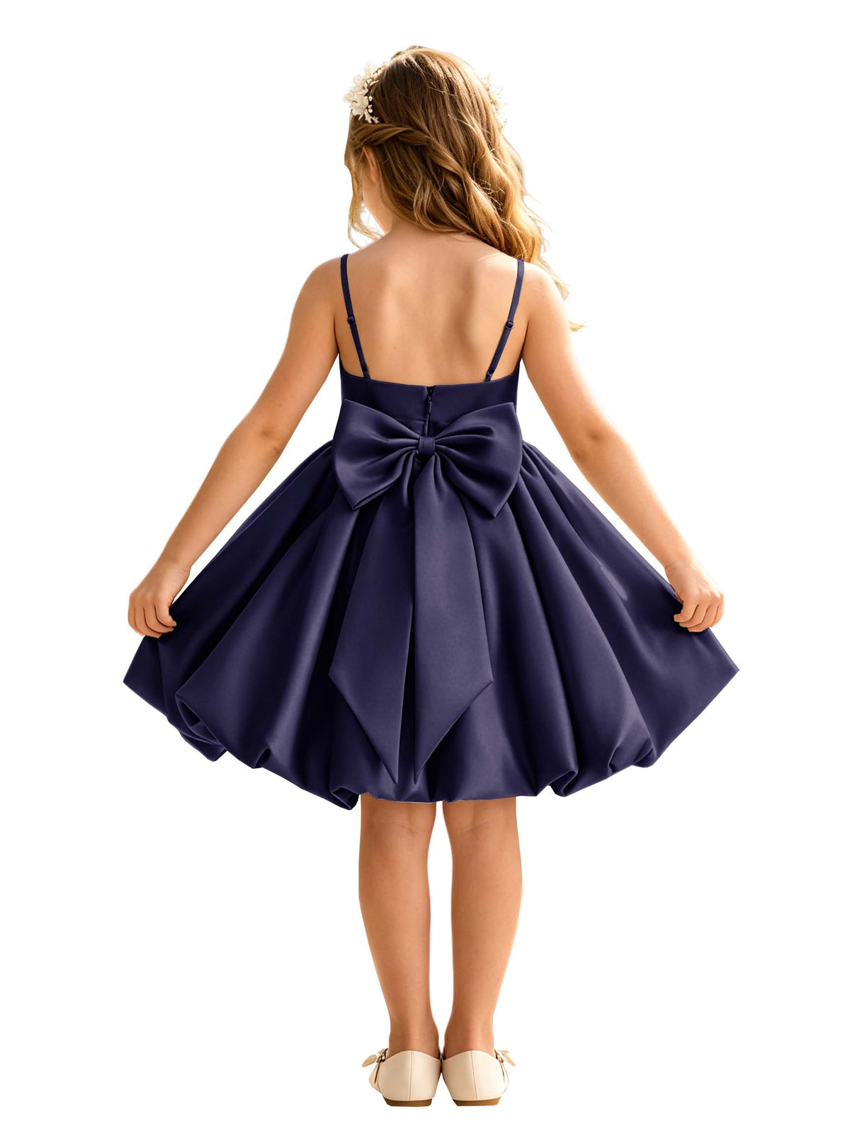 Sage Green Spaghetti Strap Flower Girl Dress, Heavy Satin Bubble Midi Skirt with Big Bow Back, Kids Formal Wedding Party Gown