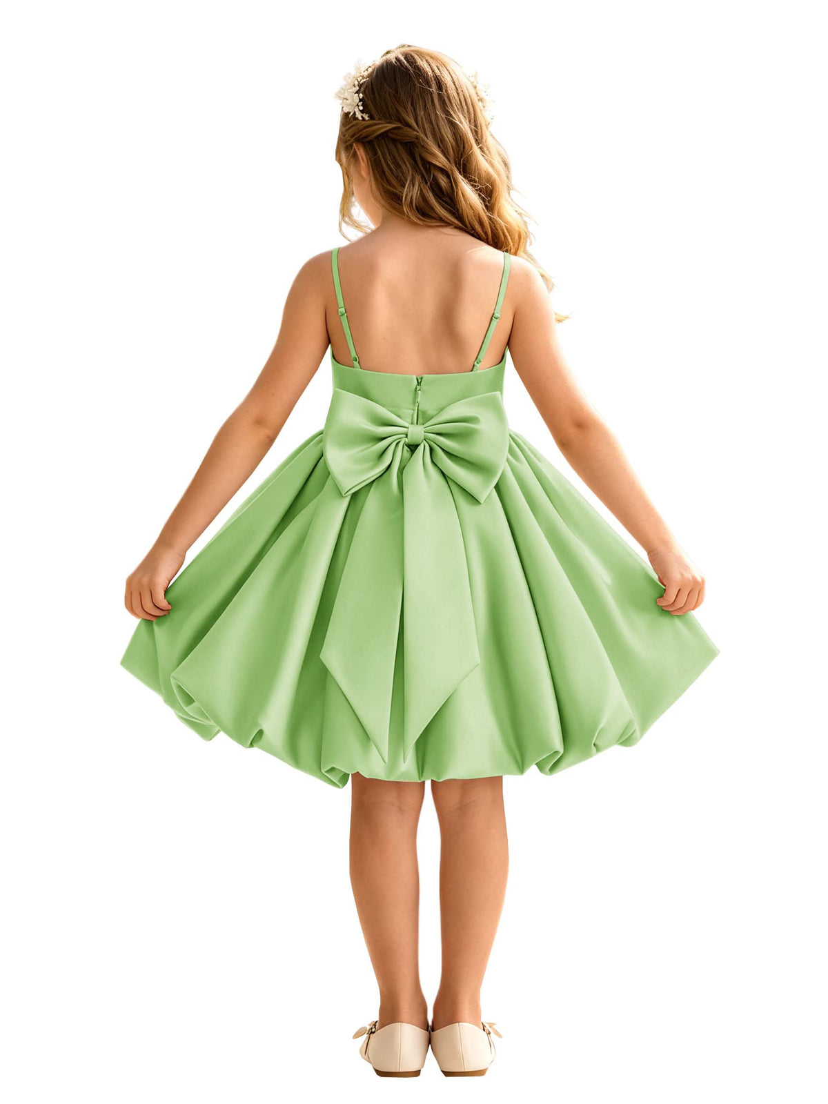 Sage Green Spaghetti Strap Flower Girl Dress, Heavy Satin Bubble Midi Skirt with Big Bow Back, Kids Formal Wedding Party Gown