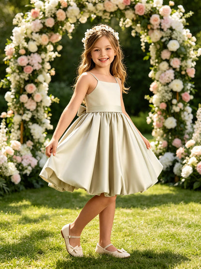 Sage Green Spaghetti Strap Flower Girl Dress, Heavy Satin Bubble Midi Skirt with Big Bow Back, Kids Formal Wedding Party Gown