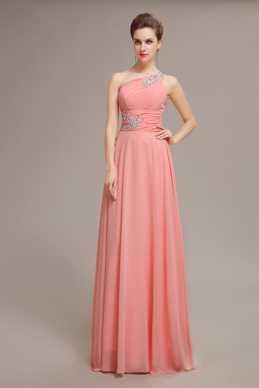 Elegant One-Shoulder Pink Chiffon Prom Dress with Beaded Appliques