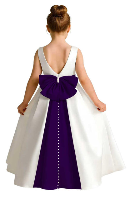 Sleeveless Satin Flower Girl Dress, A-Line Floor Length Gown with Big Bow & Pearl Back, Kids Wedding First Communion Dress