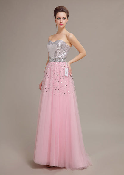 Glamorous Strapless Baby Pink Tulle Prom Dress with Silver Sequin Bodice