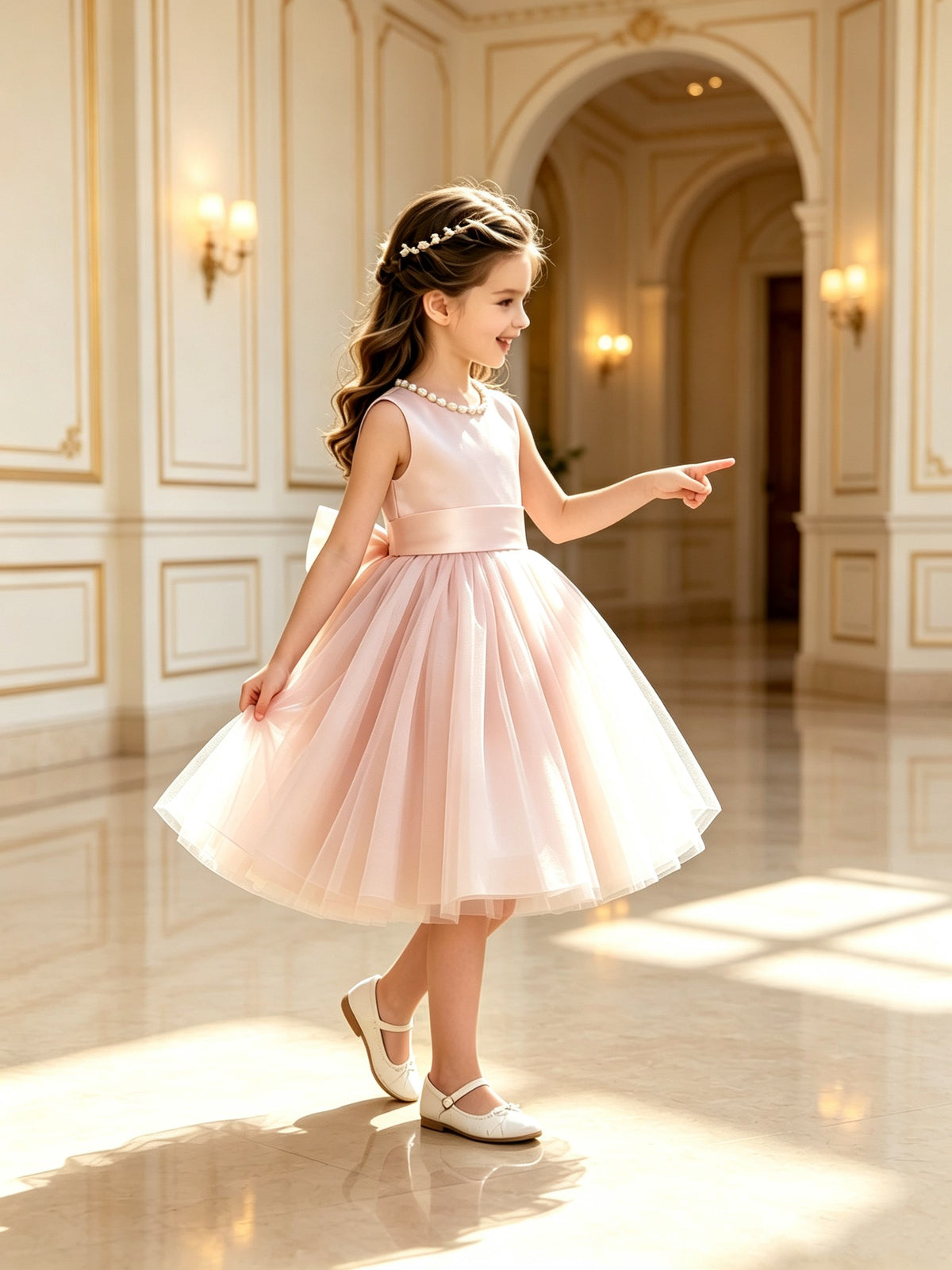 The bodice is crafted from fine matte satin, and the skirt is made of multiple layers of soft tulle. It features great draping, light and full without being bulky.