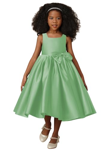 Girls Red Satin Flower Girl Dress, Sleeveless Square Neck Midi Princess Gown with Big Side Bow, Formal Party Wedding Birthday Dress for Little Girls
