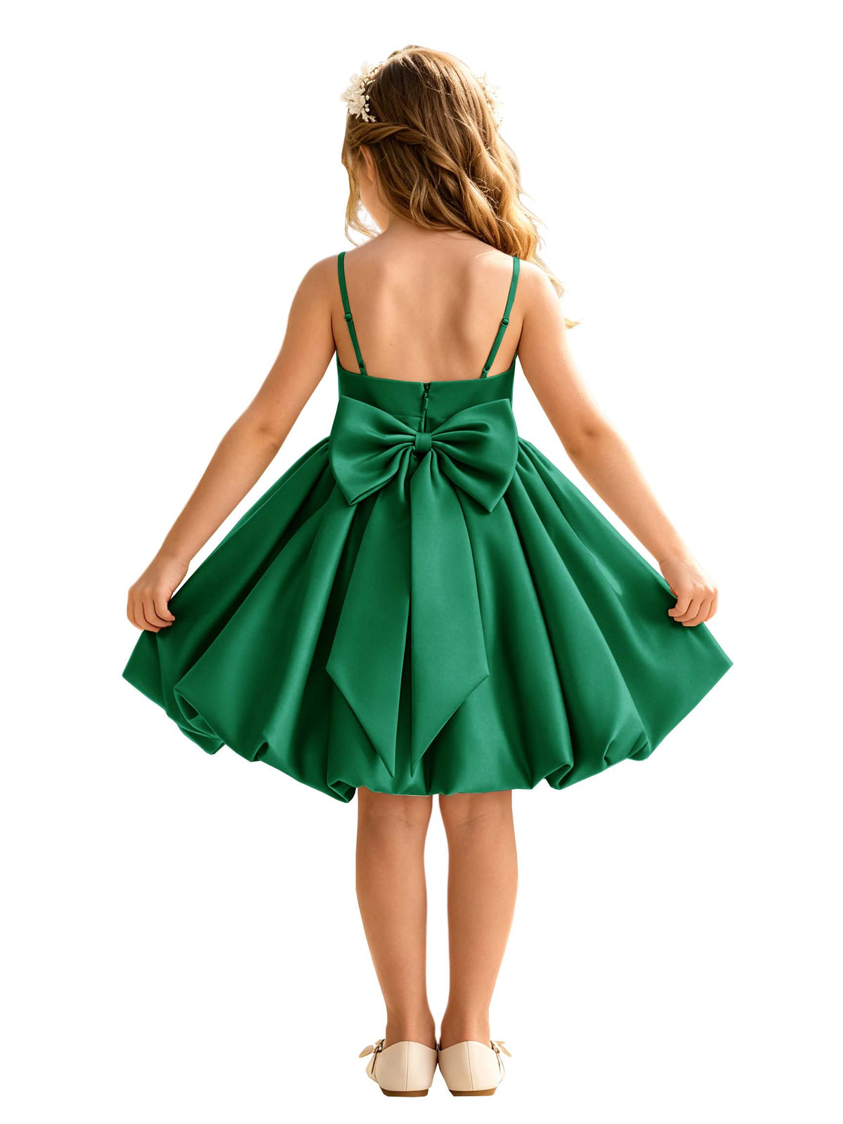 Sage Green Spaghetti Strap Flower Girl Dress, Heavy Satin Bubble Midi Skirt with Big Bow Back, Kids Formal Wedding Party Gown