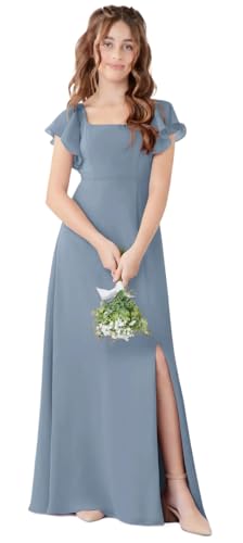 Dusty Blue Chiffon Junior Bridesmaid Dress, Square Neck Flutter Sleeve Maxi Flower Girl Gown with Side Slit, Formal Wedding Party Dress for Teen Girls