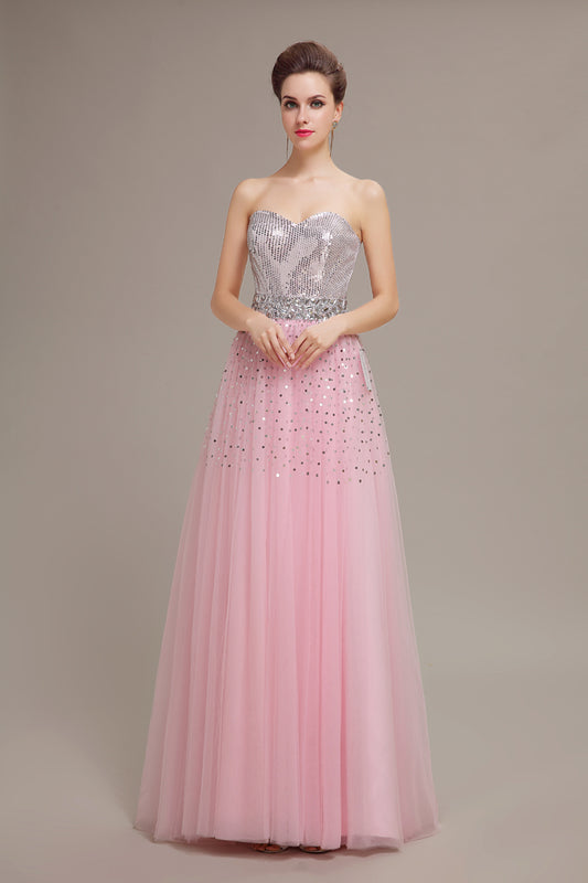 Glamorous Strapless Baby Pink Tulle Prom Dress with Silver Sequin Bodice