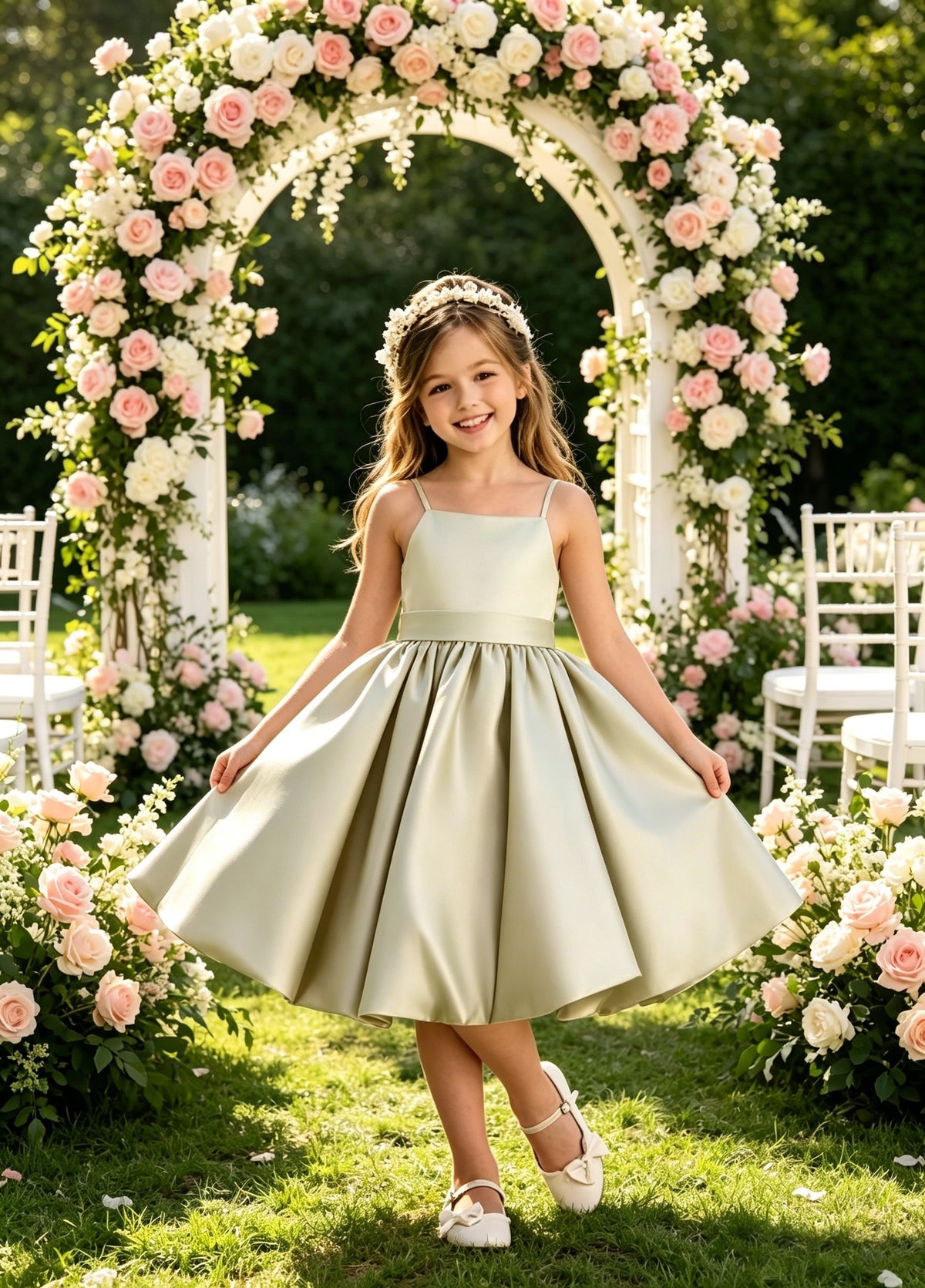 Sage Green Spaghetti Strap Flower Girl Dress, Heavy Satin Bubble Midi Skirt with Big Bow Back, Kids Formal Wedding Party Gown