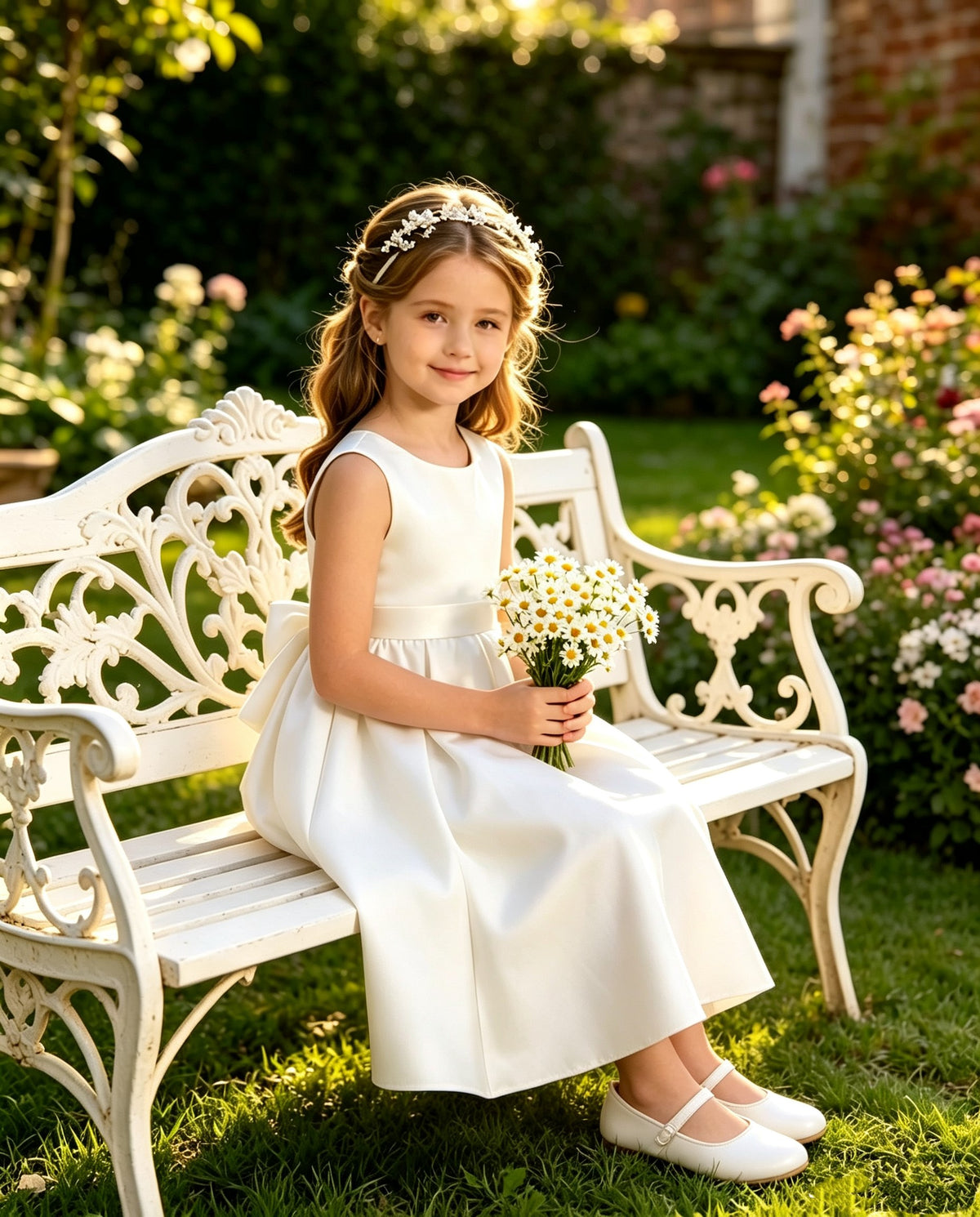 Sleeveless Satin Flower Girl Dress, A-Line Floor Length Gown with Big Bow & Pearl Back, Kids Wedding First Communion Dress