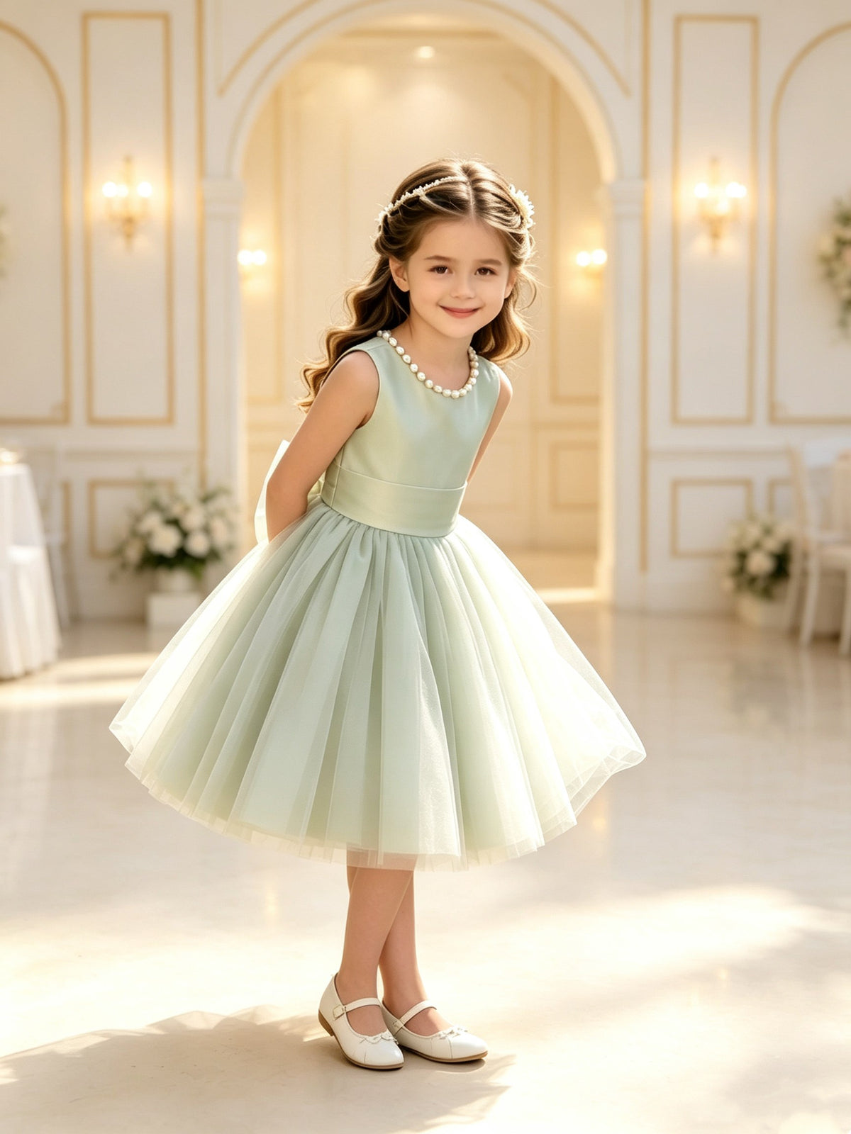 The bodice is crafted from fine matte satin, and the skirt is made of multiple layers of soft tulle. It features great draping, light and full without being bulky.