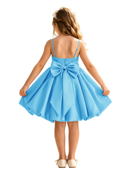 Sage Green Spaghetti Strap Flower Girl Dress, Heavy Satin Bubble Midi Skirt with Big Bow Back, Kids Formal Wedding Party Gown
