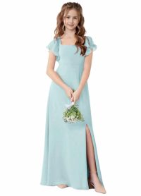 Dusty Blue Chiffon Junior Bridesmaid Dress, Square Neck Flutter Sleeve Maxi Flower Girl Gown with Side Slit, Formal Wedding Party Dress for Teen Girls