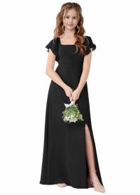 Dusty Blue Chiffon Junior Bridesmaid Dress, Square Neck Flutter Sleeve Maxi Flower Girl Gown with Side Slit, Formal Wedding Party Dress for Teen Girls
