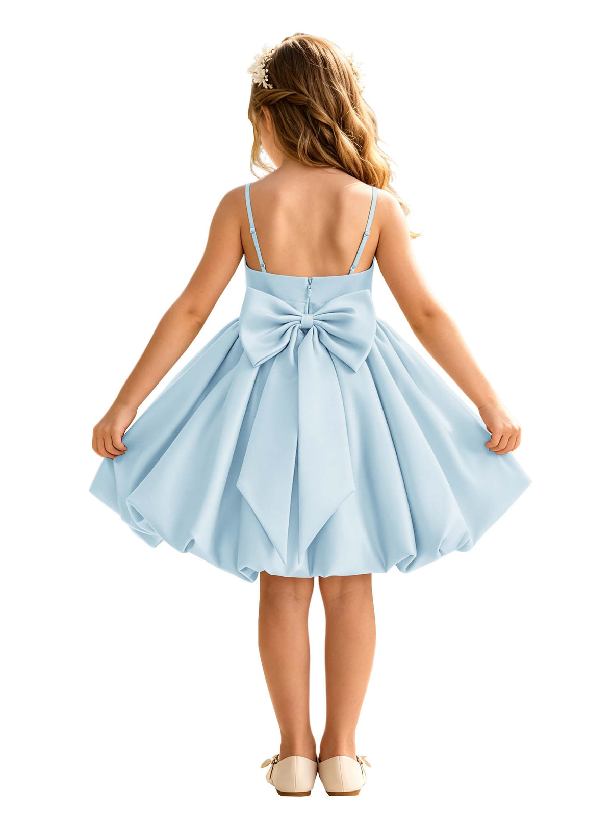 Sage Green Spaghetti Strap Flower Girl Dress, Heavy Satin Bubble Midi Skirt with Big Bow Back, Kids Formal Wedding Party Gown