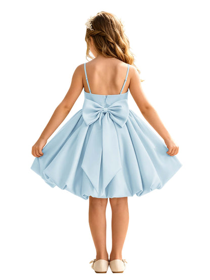 Sage Green Spaghetti Strap Flower Girl Dress, Heavy Satin Bubble Midi Skirt with Big Bow Back, Kids Formal Wedding Party Gown