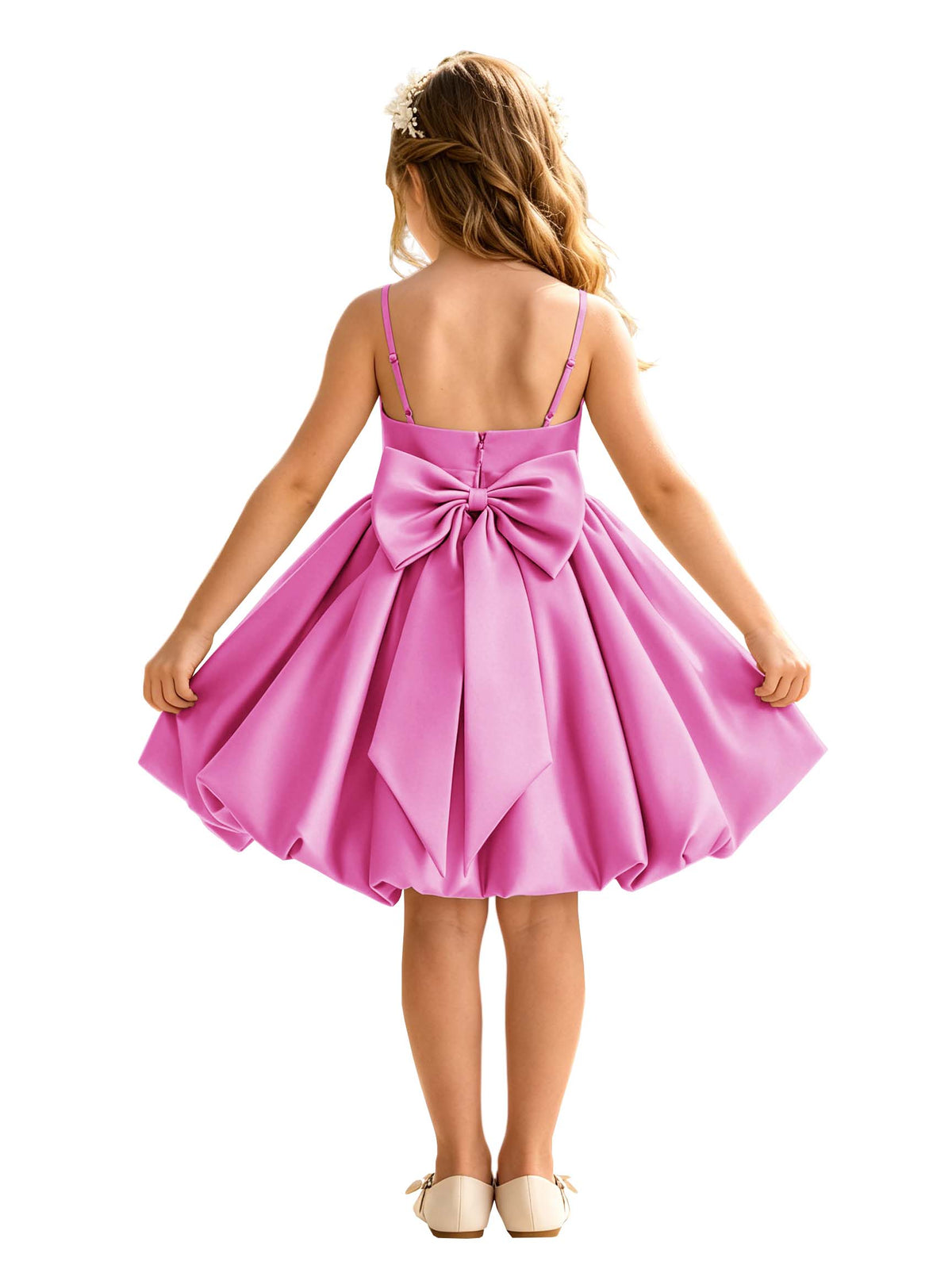 Sage Green Spaghetti Strap Flower Girl Dress, Heavy Satin Bubble Midi Skirt with Big Bow Back, Kids Formal Wedding Party Gown
