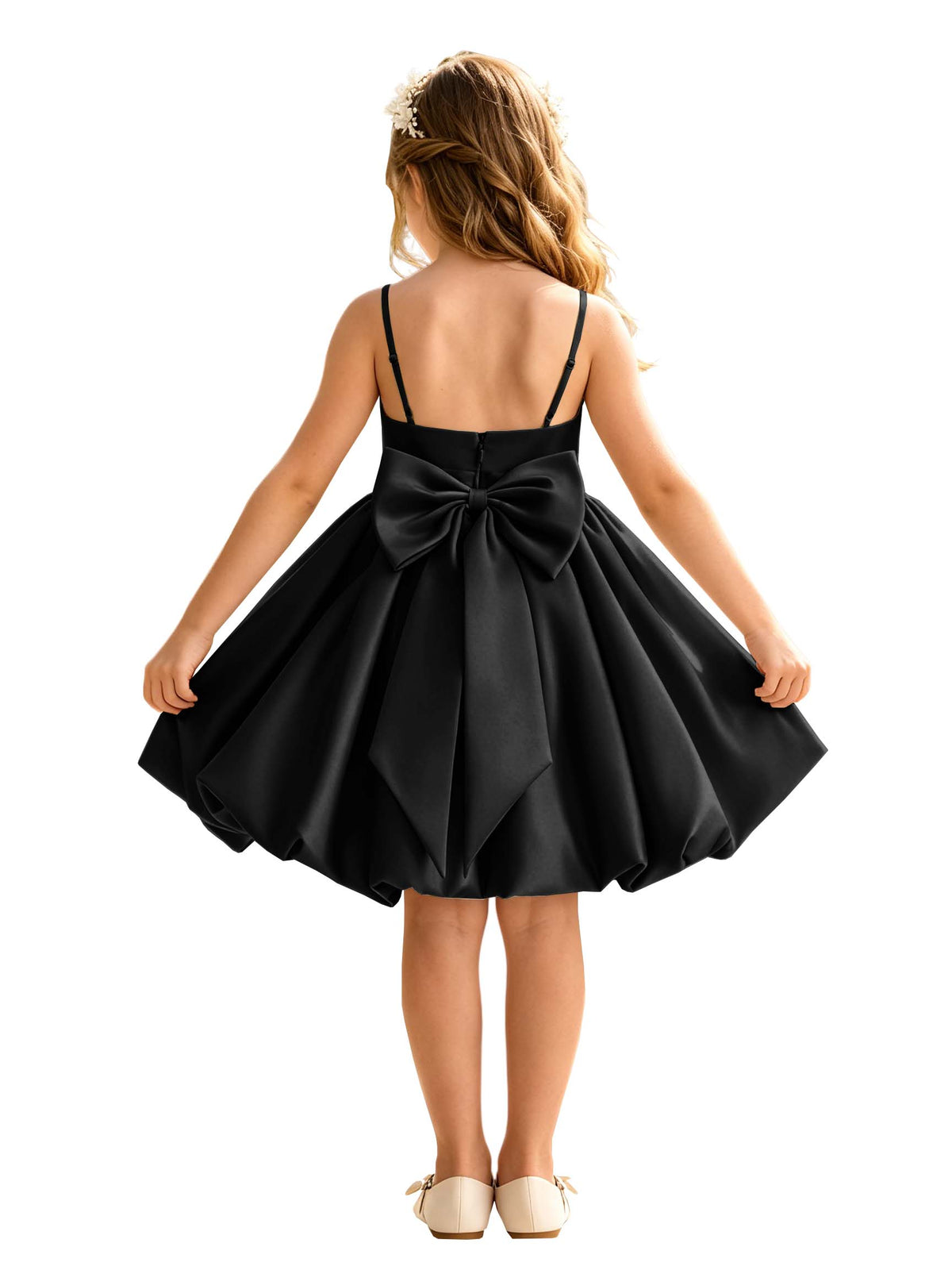 Sage Green Spaghetti Strap Flower Girl Dress, Heavy Satin Bubble Midi Skirt with Big Bow Back, Kids Formal Wedding Party Gown