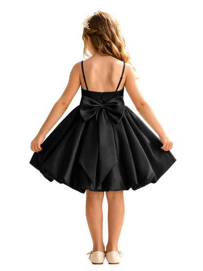 Sage Green Spaghetti Strap Flower Girl Dress, Heavy Satin Bubble Midi Skirt with Big Bow Back, Kids Formal Wedding Party Gown